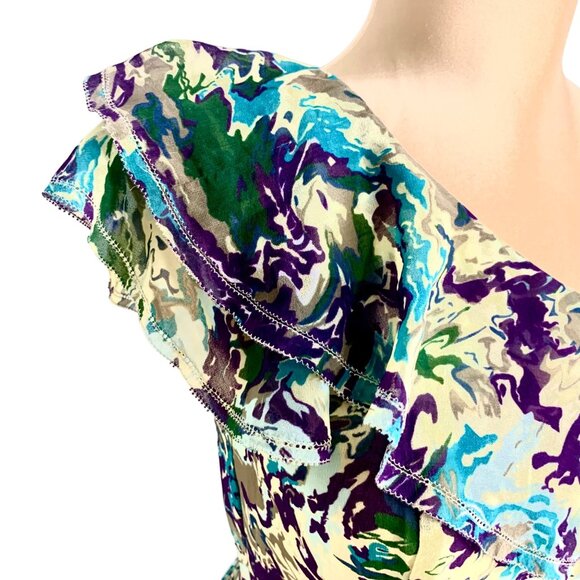One-Shoulder Abstract Print Ruffled Dress Knee-Length Purple Watercolor Size M - Picture 2 of 12